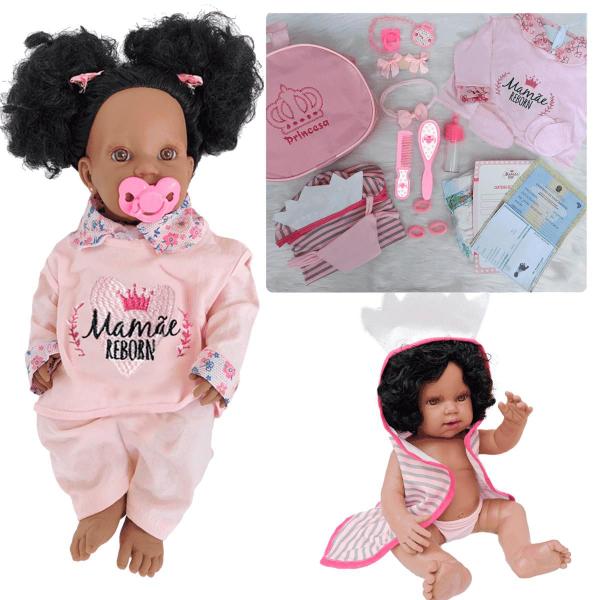 Imagem de Bebê Reborn Menina 100% Silicone Negra + Enxoval Completo