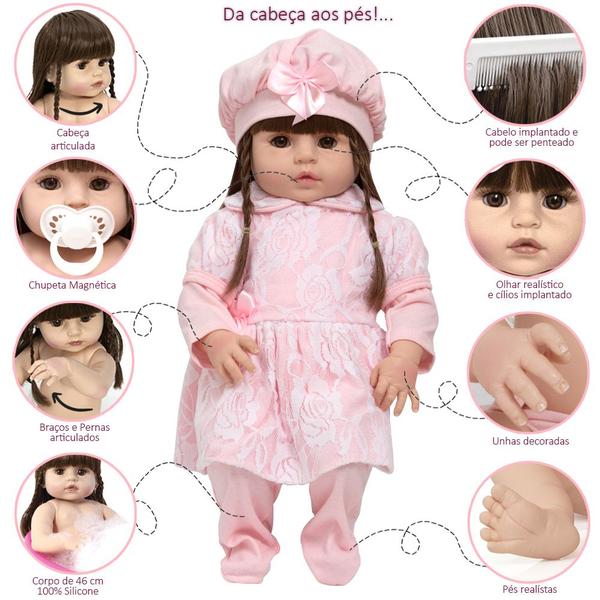 Imagem de Bebe Reborn Menina 100% Silicone Olho Castanho 20 Acessórios