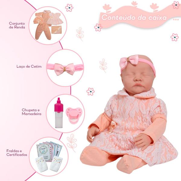 Imagem de Bebê Reborn Menina Corpo de Vinil Vestido Salmão + Kit Itens