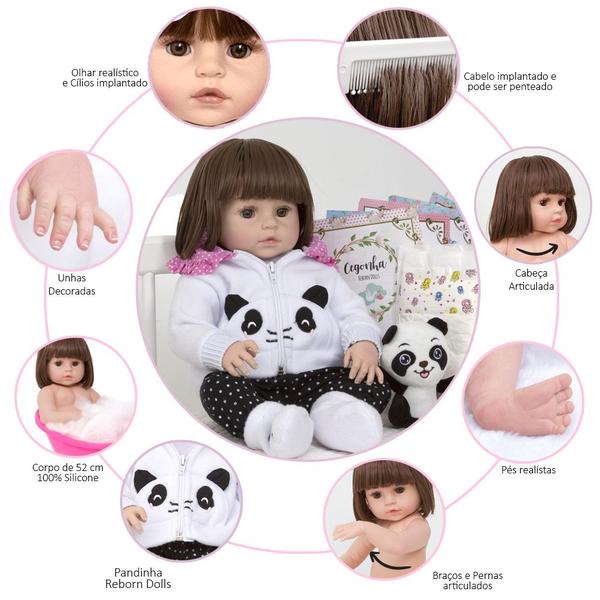 Imagem de Bebe Reborn Menina Enxoval Panda 46cm Infantil + Acessórios