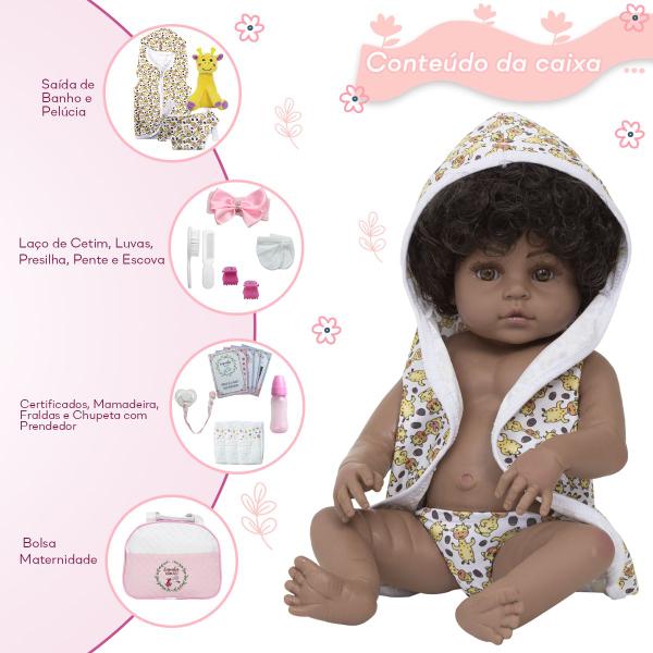 Imagem de Bebe Reborn Menina Negra Cabelo Cacheado Girafinha Com Bolsa