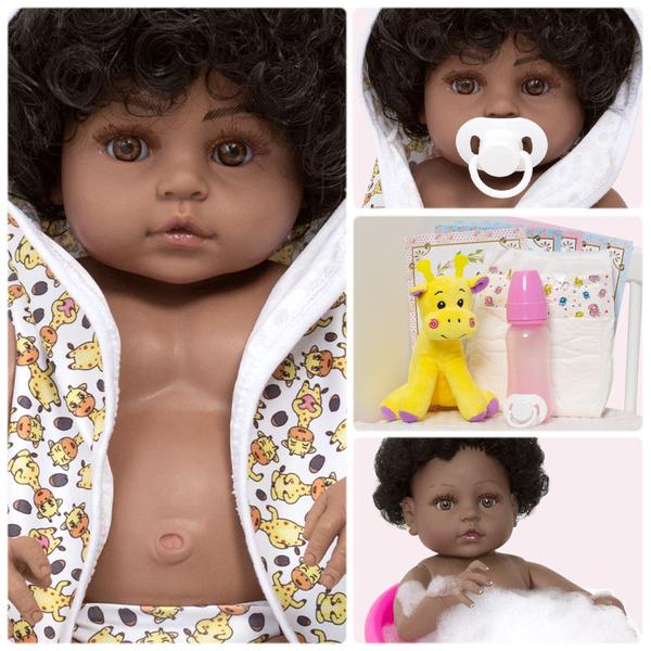 Imagem de Bebe Reborn Menina Negra Girafinha Corpo Silicone Pode Banho