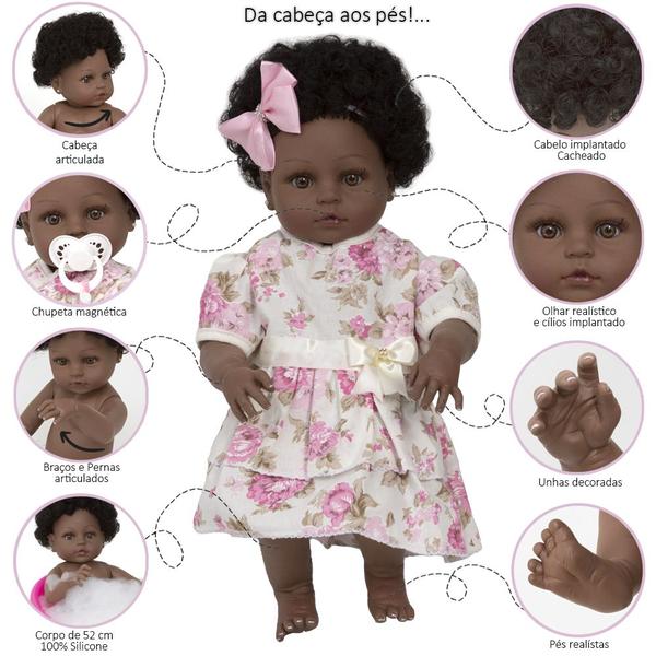 Imagem de Bebê Reborn Menina Negra Laura 100% Silicone Barata 20 Itens