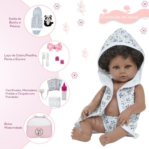 Imagem de Bebê Reborn Menina Negra Saída de Banho Pandinha Bolsa Itens