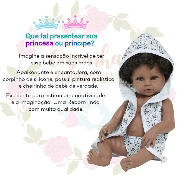 Imagem de Bebê Reborn Menina Negra Saída de Banho Pandinha Bolsa Itens