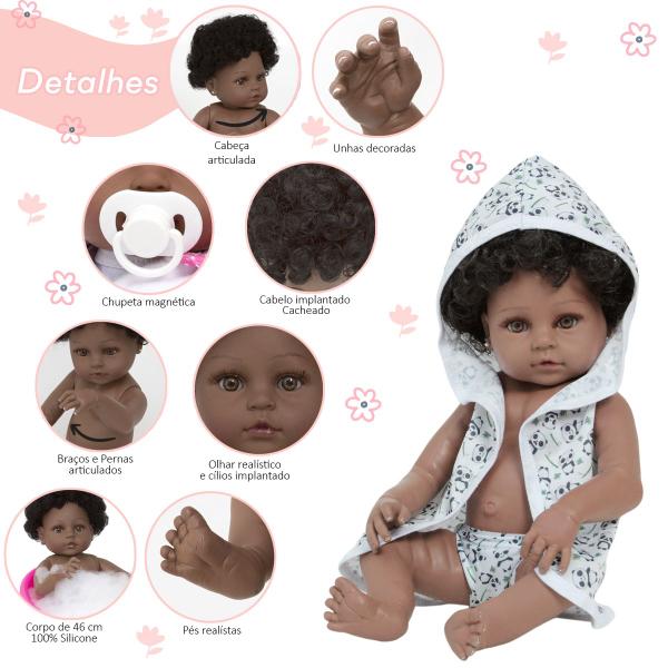 Imagem de Bebê Reborn Menina Negra Saída de Banho Pandinha Bolsa Itens