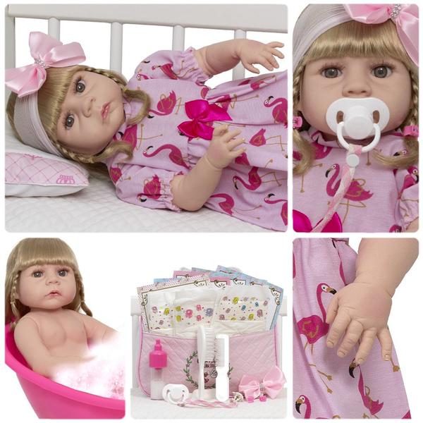 Imagem de Bebe Reborn Menina Realista Loira Vestido Flamingo Completa