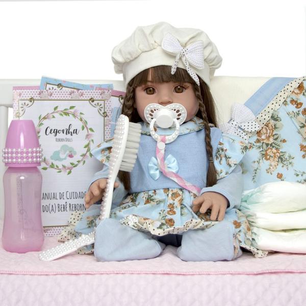 Imagem de Bebe Reborn Menina Roupa Azul Cabelos Castanhos NPK Doll