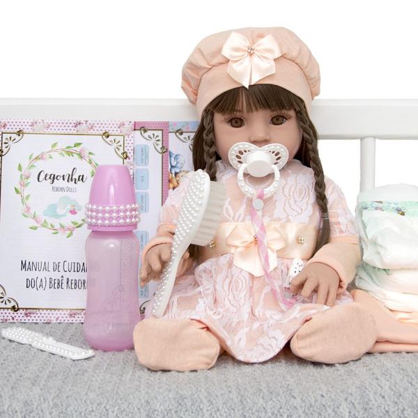 Imagem de Bebe Reborn Menina Roupa Salmão Cabelos Castanhos NPK Doll