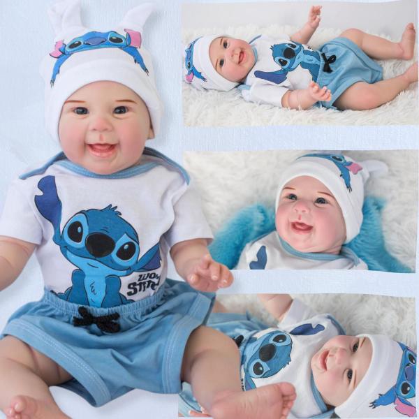 Imagem de Bebê Reborn Menino Boneco Realista 100% Silicone Pode Dar Banho Roupa Stitch