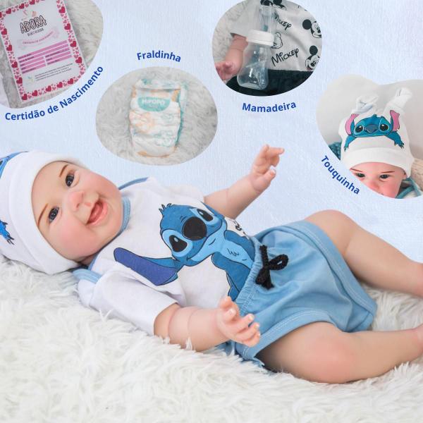 Imagem de Bebê Reborn Menino Boneco Realista 100% Silicone Pode Dar Banho Roupa Stitch