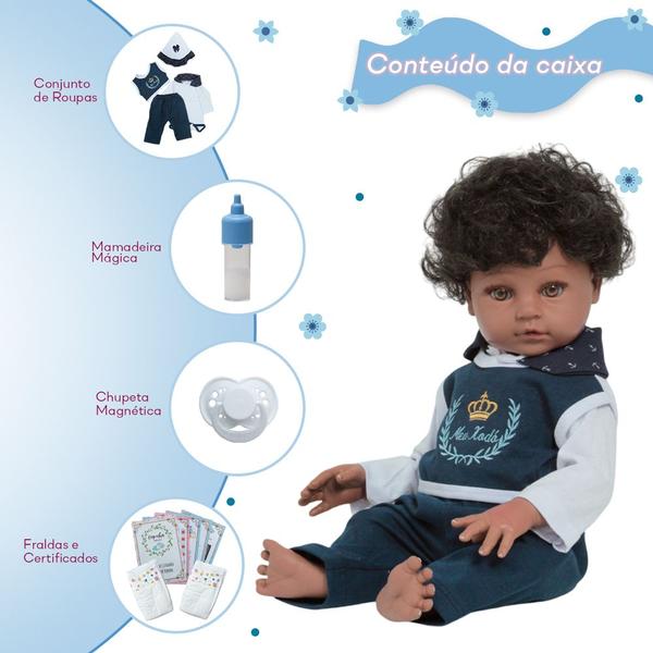 Imagem de Bebê Reborn Menino Cabelo Cacheado Kit Acessórios Pode Banho