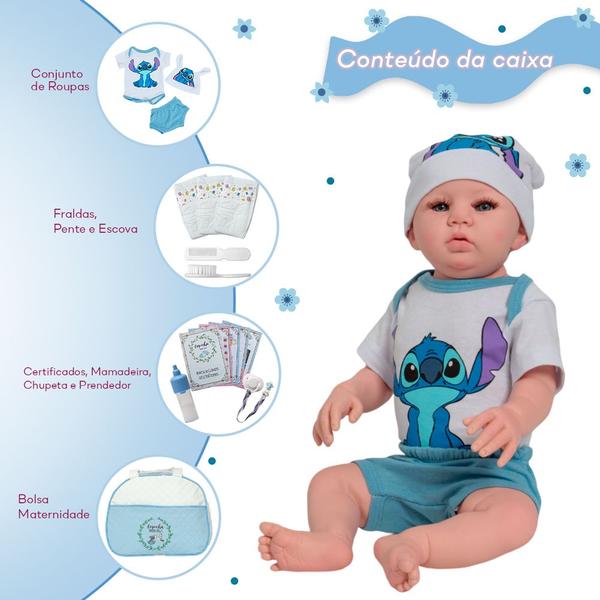 Imagem de Bebê Reborn Menino Roupa Stitch Azul Linda Enxoval Completo