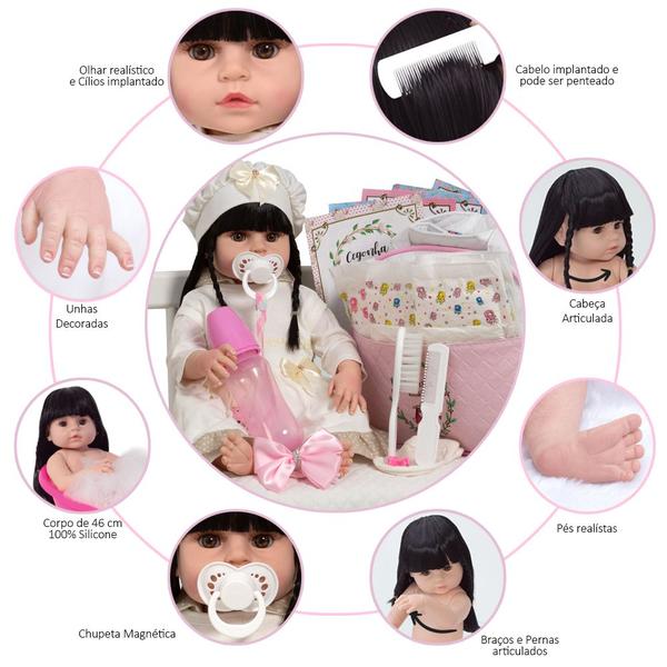 Imagem de Bebe Reborn Morena Corpo de Vinil + Kit Acessórios Bolsa