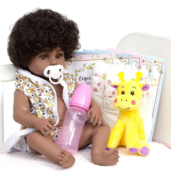 Imagem de Bebe Reborn Negra Linda Girafa Roupão Enxoval 13 Acessórios