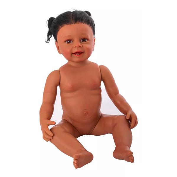 Imagem de Bebê Reborn Negra Morena Boneca Realista Pode Dar Banho Cabelo Cacheado Crespo Vinil ou Silicone Com Kit