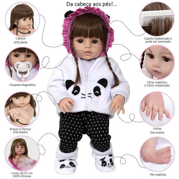 Imagem de Bebê Reborn Panda Linda Olho Castanho Barata Com Kit Chupeta