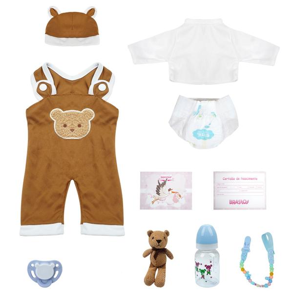 Imagem de Bebê Reborn Realista Brastoy Boneca Silicone Sólido 35cm Com Kit Conjunto de Roupa Chupeta Mamadeira e Pelúcia Pode Tomar Banho