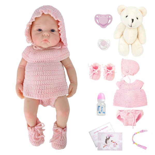 Imagem de Bebê Reborn Realista Brastoy Boneca Silicone Sólido 35cm Com Kit Conjunto de Roupa Chupeta Mamadeira e Pelúcia Pode Tomar Banho