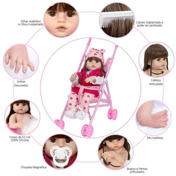 Bebe Reborn Realista Girafinha Cabelo Castanho Com Carrinho - Cegonha Reborn Dolls Imagem de Bebe Reborn Realista Girafinha Cabelo Castanho Com Carrinho