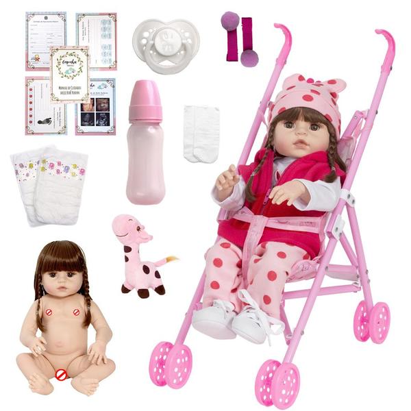 Bebe Reborn Realista Girafinha Cabelo Castanho Com Carrinho - Cegonha Reborn Dolls Imagem de Bebe Reborn Realista Girafinha Cabelo Castanho Com Carrinho