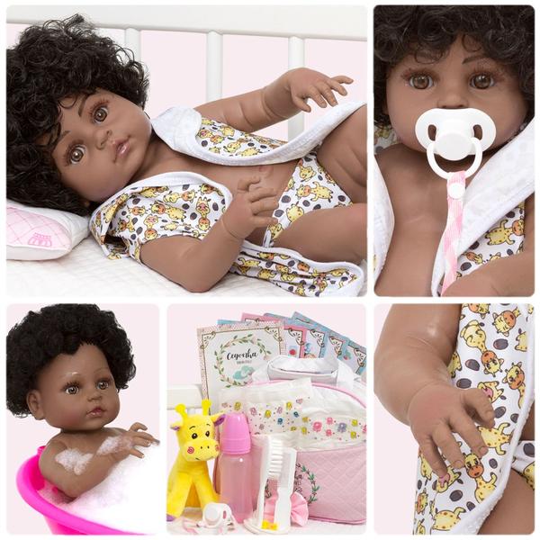 Imagem de Bebe Reborn Realista Negra Roupão Girafinha Envio Imediato