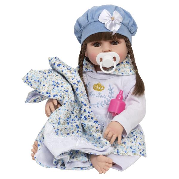 Imagem de Bebe Tipo Reborn Menina Linda Vestido Azul Enxoval 13 Itens