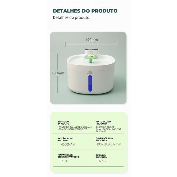 Imagem de Bebedouro Fonte Pet Inteligente C/ Filtro Sensor de Aproximação USB Recarregável 2,6L Pet Gatos Cães