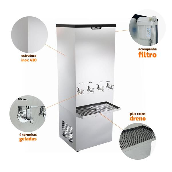 Imagem de Bebedouro Refrigerado Industrial Inox de Coluna 200l 4 Torneiras Geladas Bi200l 220v - Venâncio