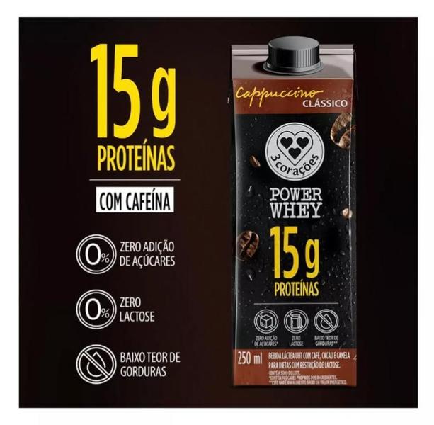 Imagem de Bebida Láctea UHT 3 Corações Power Whey Cappuccino Clássico 15G de Proteínas com Cafeína 250ml - 12 unidades