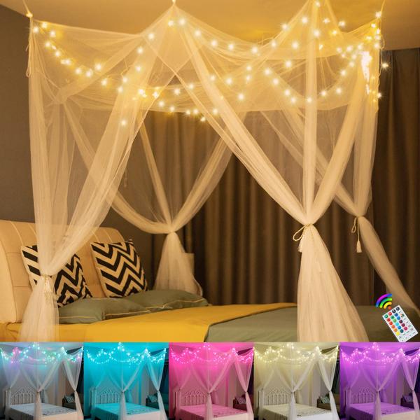 Imagem de Bed Canopy OYCBUZO White com luzes estelares de 18 cores para meninas