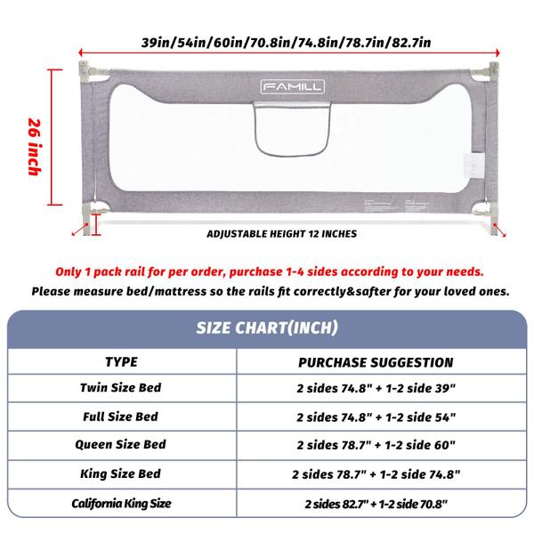 Imagem de Bed Rails FAMILL para crianças pequenas Queen King Twin, tamanho completo, cinza