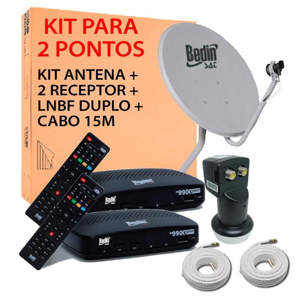 Imagem de Bedinsat 2 receptores digital + lnbf duplo + antena + kit cabo