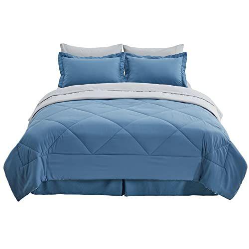 Imagem de BEDSURE Blue Bed Set Full/Queen - 8 Peças Conjunto de Roupa de Cama Azul Reversível com Edredons, Lençóis, Almofadas e Shams, Conjunto Edredom Queen Azul