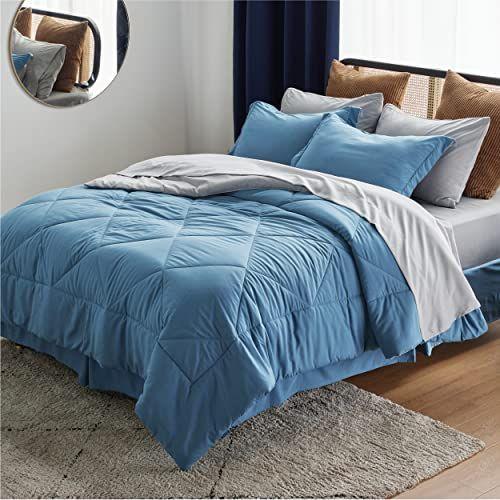 Imagem de BEDSURE Blue Bed Set Full/Queen - 8 Peças Conjunto de Roupa de Cama Azul Reversível com Edredons, Lençóis, Almofadas e Shams, Conjunto Edredom Queen Azul