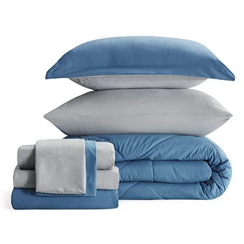 Imagem de BEDSURE Blue Bed Set Full/Queen - 8 Peças Conjunto de Roupa de Cama Azul Reversível com Edredons, Lençóis, Almofadas e Shams, Conjunto Edredom Queen Azul