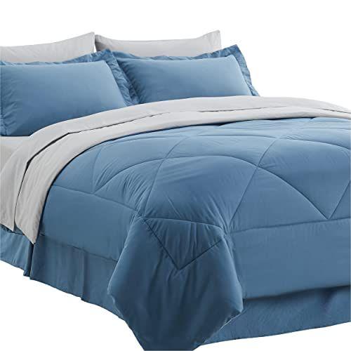 Imagem de BEDSURE Blue Bed Set Full/Queen - 8 Peças Conjunto de Roupa de Cama Azul Reversível com Edredons, Lençóis, Almofadas e Shams, Conjunto Edredom Queen Azul