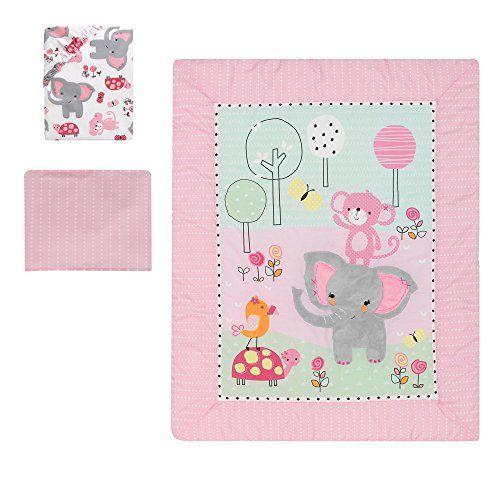 Imagem de Bedtime Originals Twinkle Toes Jungle Elephant 3 Piece Roupa de cama Set, Rosa / Branco