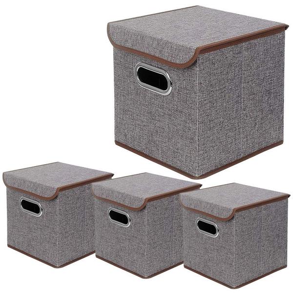 Imagem de BeigeSwan Storage Bin Conjunto de 4 Recipiente dobrável de tecido de linho com tampa, cubos de caixas organizadoras dobráveis C 10 x 10 x 10 polegadas (cinza)