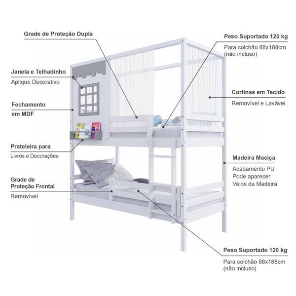 Imagem de Beliche Casinha Reta com Grade Removível e Cortina Madeira Maciça Branco/ Cinza Housin