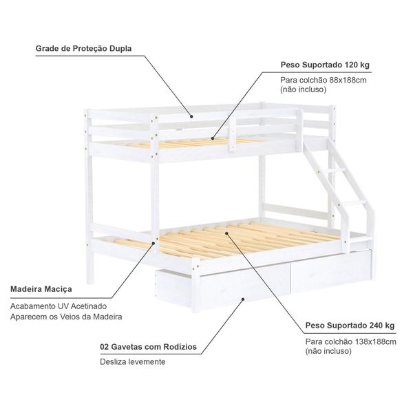 Imagem de Beliche com Cama Casal Slim RB com 02 Gavetas Madeira Maciça Branco Housin