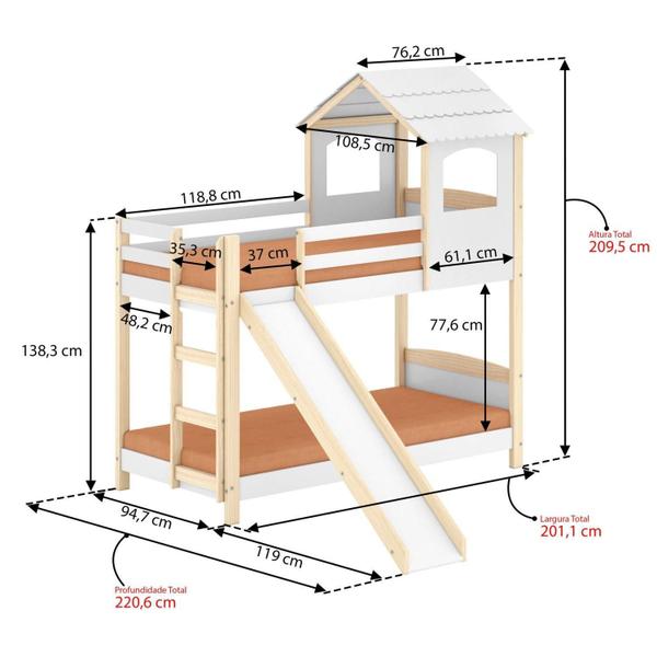 Imagem de Beliche Infantil Casinha Com Escorregador Madeira e MDF - Casatema Branco/Natural