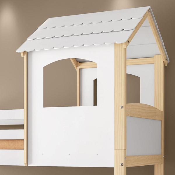 Imagem de Beliche Infantil Casinha Com Escorregador Madeira e MDF - Casatema Branco/Natural