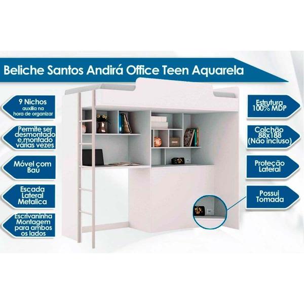 Imagem de Beliche Office Teen Aquarela (Cama+Bancada+Baú+Nicho+Prateleiras) Branco - Santos Andirá