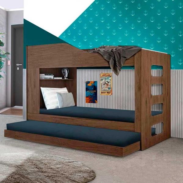 Imagem de Beliche Solteiro Com Cama Auxiliar 100% MDF Amêndoa Hibisco Incabrás Com 3 Colchões Probel