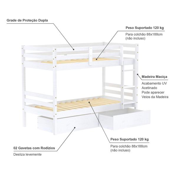 Imagem de Beliche Solteiro Slim com 02 Gavetas Madeira Maciça Branco Housin