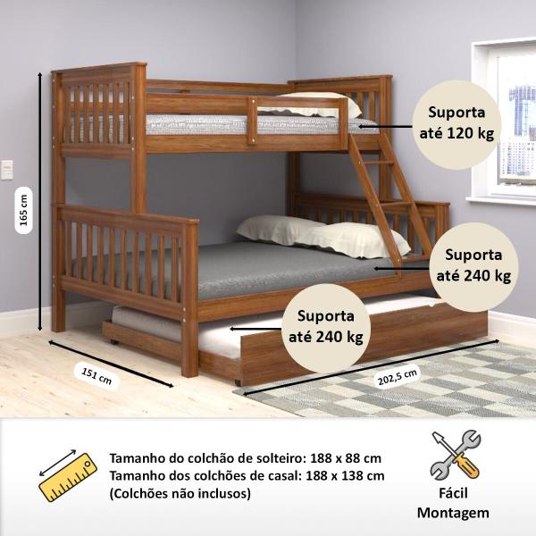 Imagem de Beliche Woodstore Casal Solteiro De Madeira + Cama Aux Casal