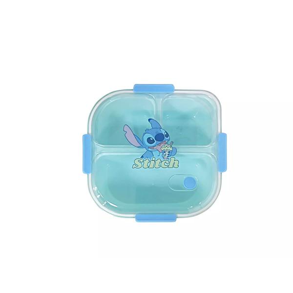 Imagem de Bento box 3 divisões e talher coleção disney stitch 1200 ml. miniso 19 x 19 cm.