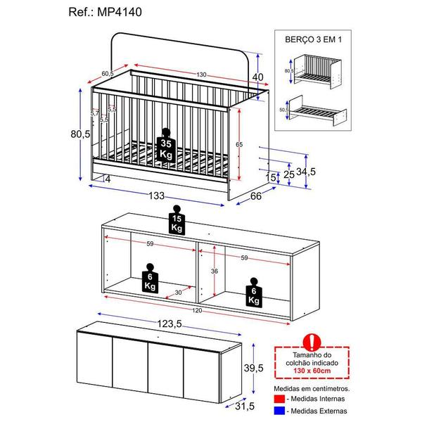 Imagem de Berço 3 em 1 com Armário Aéreo 4 portas Multimóveis MP4140