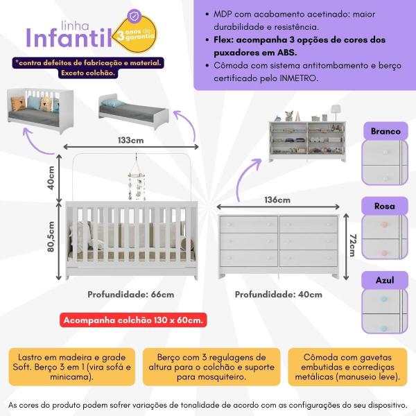 Imagem de Berço 3 em 1 com Colchão Incluso e Cômoda Pipoca Multimóveis MP4294